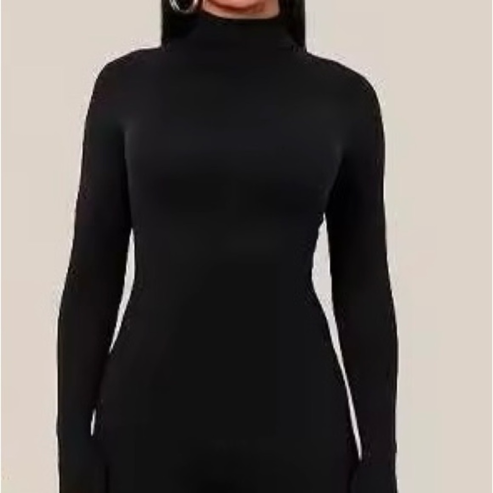 Women's Black Turtleneck Long-Sleeve Jumpsuit